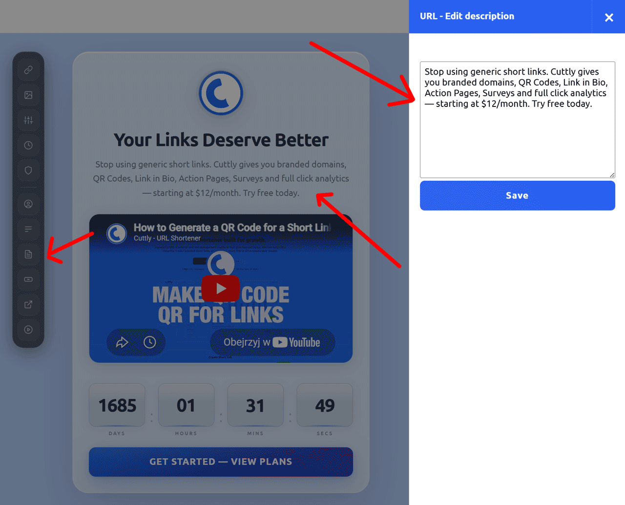 Cuttly - Action Page description highlighted