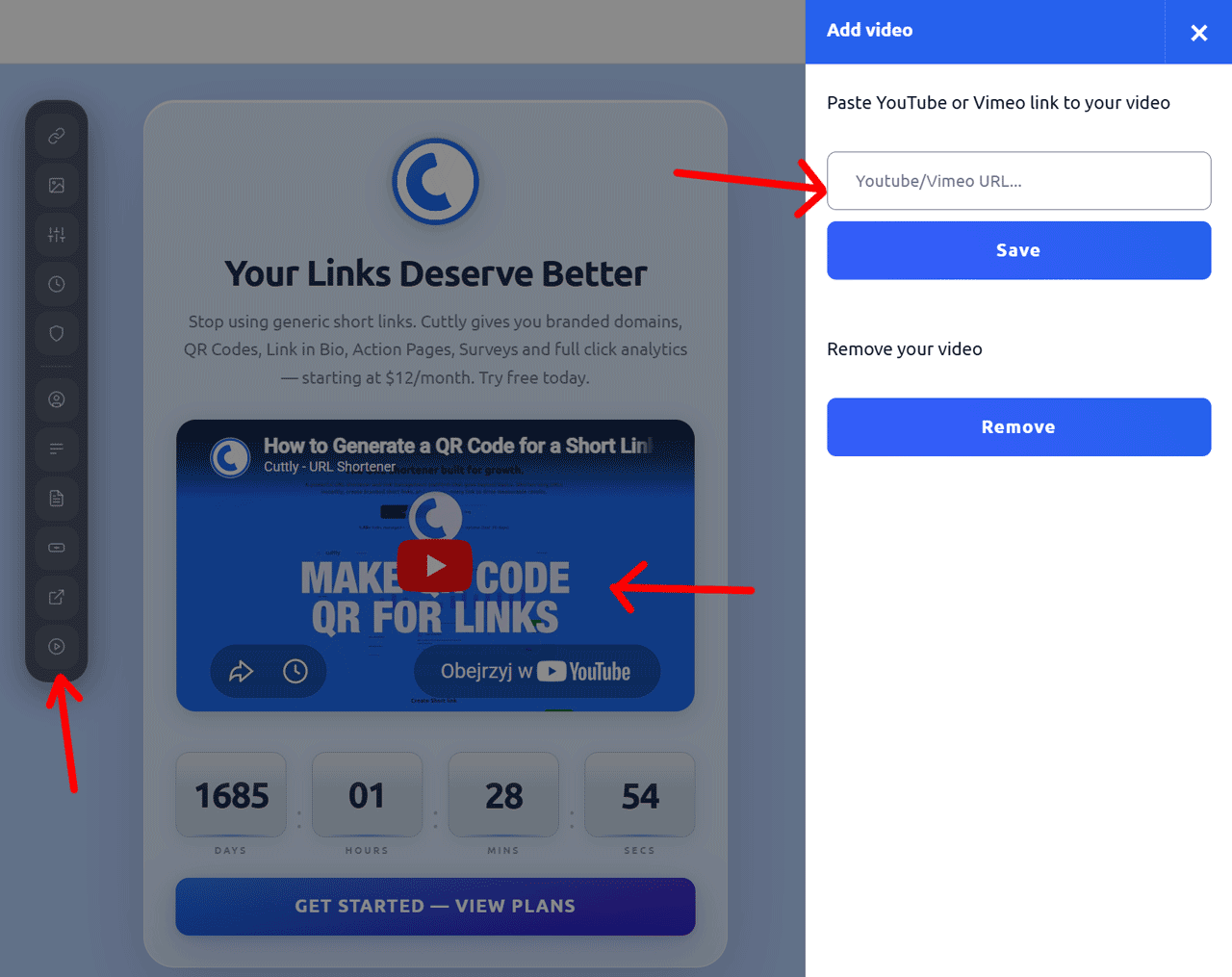 Cuttly - Add video to Action Page