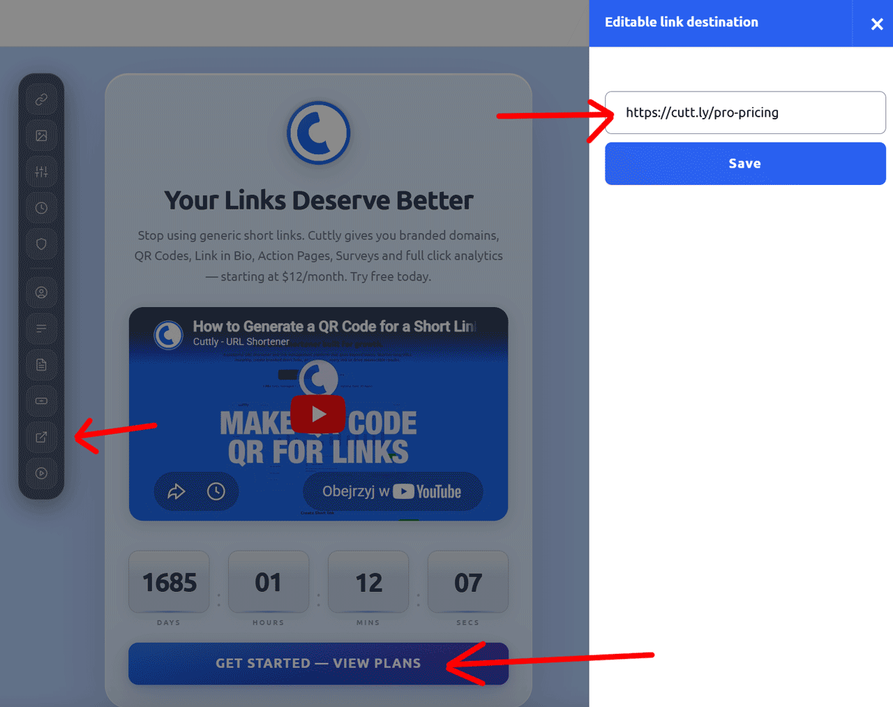 Cuttly - Edit target URL Action Page