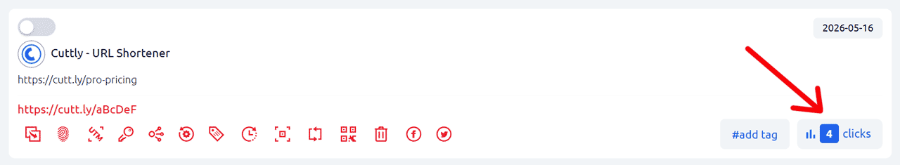 Cuttly dashboard - link list with analytics button